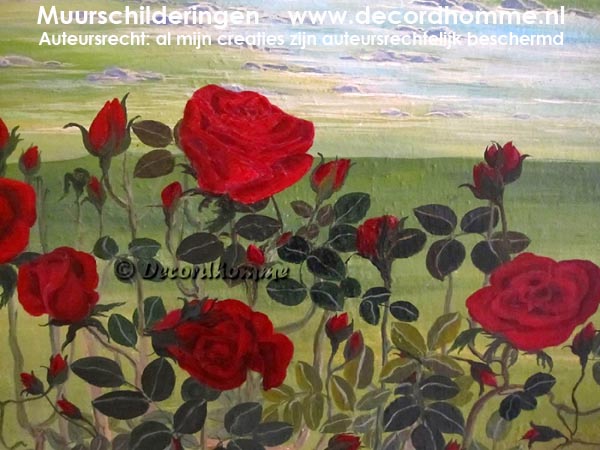 Muurschildering De rozenstuik Decoratief landschap met ruisende bomen