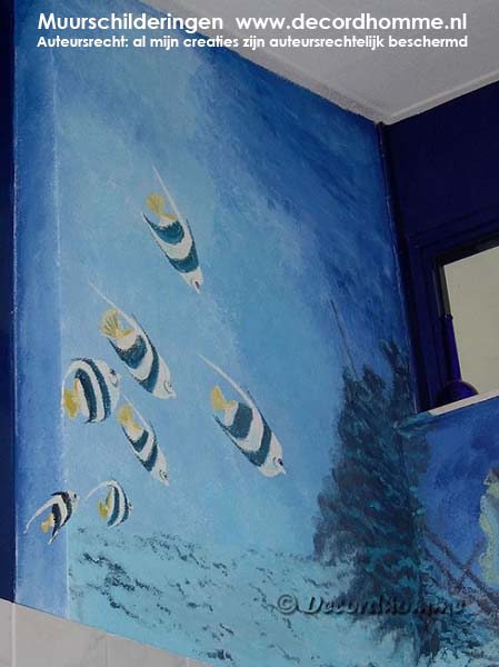 Muurschildering badkame Verzonken Drie master en vissen
