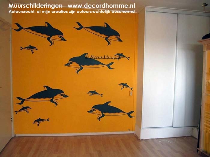 Muurschildering kinderkamer Zwemende dolfijnen
