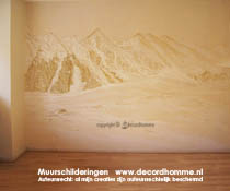 Muurschildering berglandschap Witte bergen Muurschilderingen Wandschildering Perspectief
