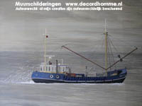 Muurschildering kotter aan vissen op zee Haarlem Amsterdam muurschilderingen