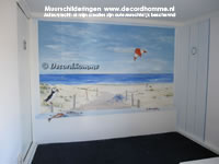 Muurschildering strandsfeer Uitkijk zeezicht Amsterdam woonboot