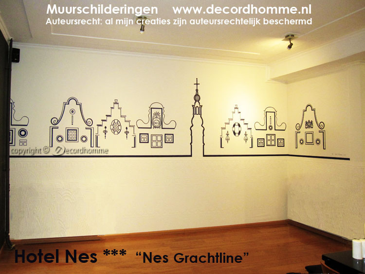 Muurschildering Skyline Amsterdamse gevels muurtekening